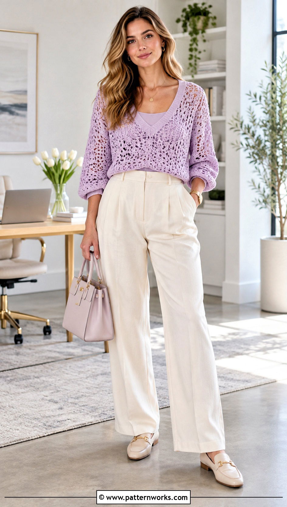 Pastel Crochet Jumper With Pleated Trousers - 24 crochet jumper for women outfit ideas