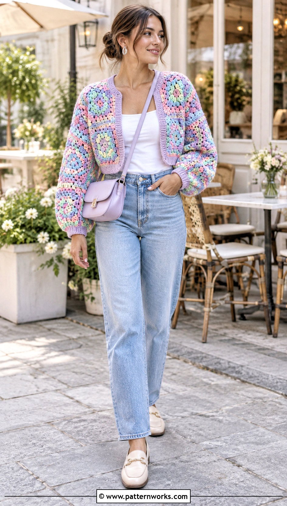 Pastel Granny Square Cardigan With Straight Leg Jeans - 24 Pastel Crochet Clothes and outfit ideas