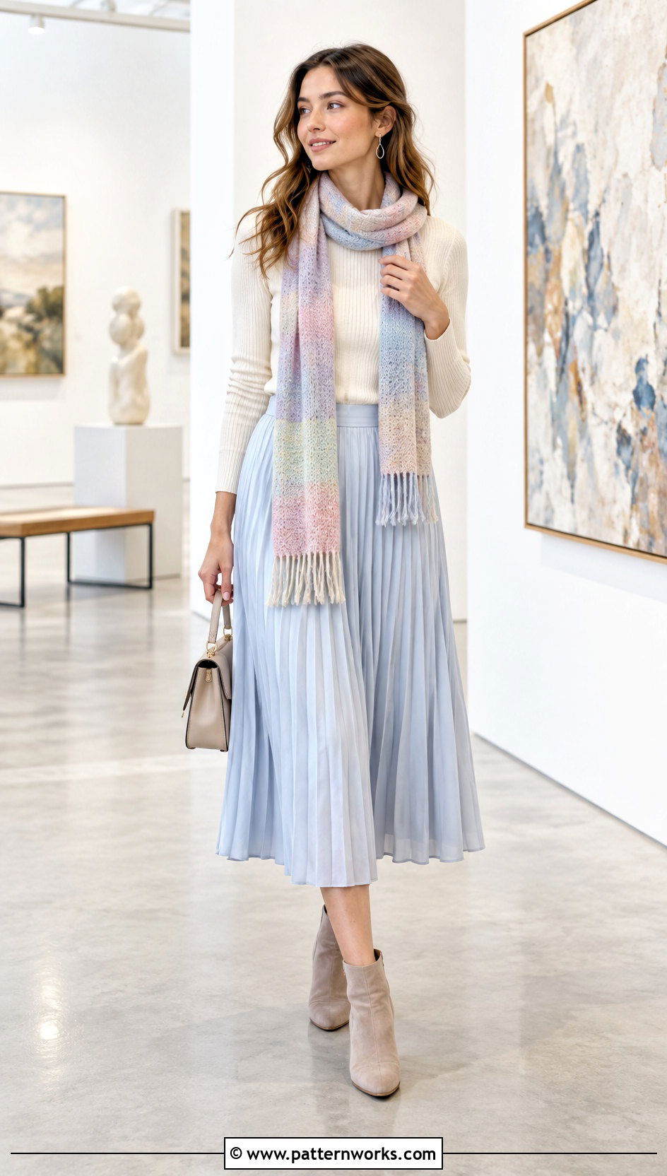 Pastel Temperature Scarf Outfit With Pleated Skirt - 30 crochet temperature scarf outfit ideas