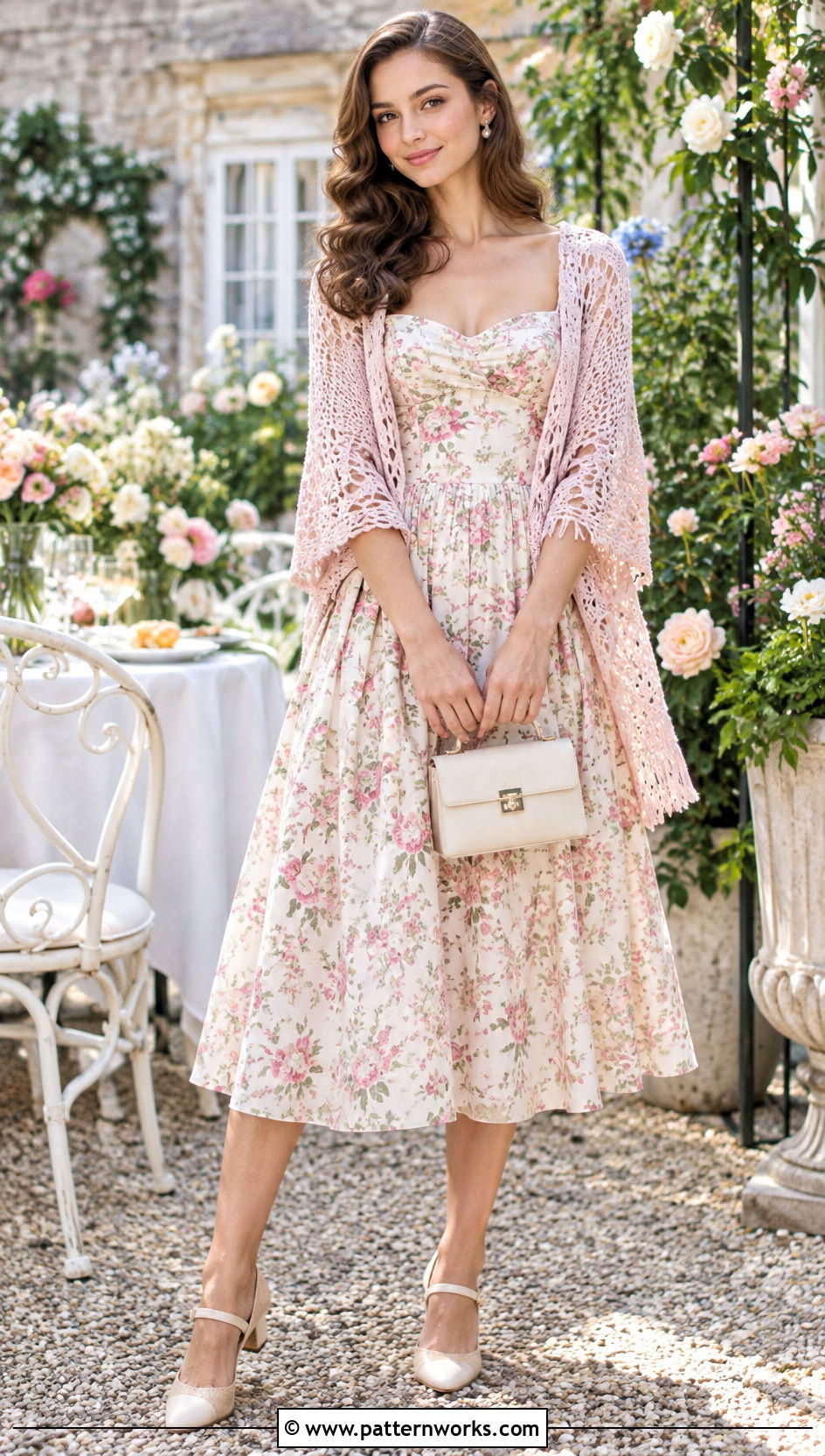Pastel Vintage Crochet Shawl Outfit With Tea Dress - 24 Vintage Crochet Shawl outfit ideas