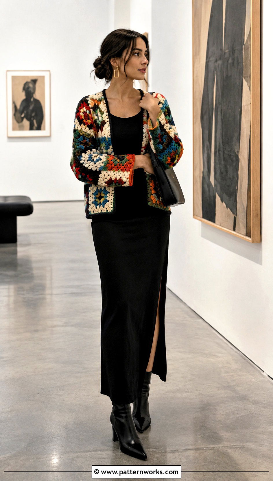 Patchwork Cardigan With a Column Maxi Skirt - 30 crochet patch work cardigan outfit ideas