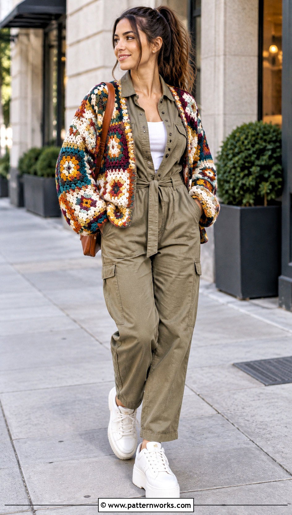Patchwork Crochet Cardigan Outfit With Utility Jumpsuit - 18 Crochet Cardigan For Women Sweater Coats outfit ideas