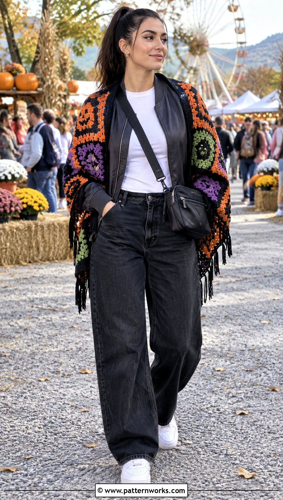 Patchwork Crochet Halloween Shawl Outfit With Bomber Jacket - 18 Crochet Halloween Shawl outfit ideas