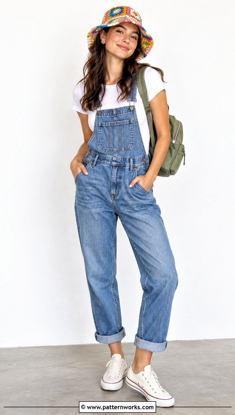 Patchwork Crochet Hat With Overalls And Sneakers - 18 Modern Crochet Hat outfit ideas