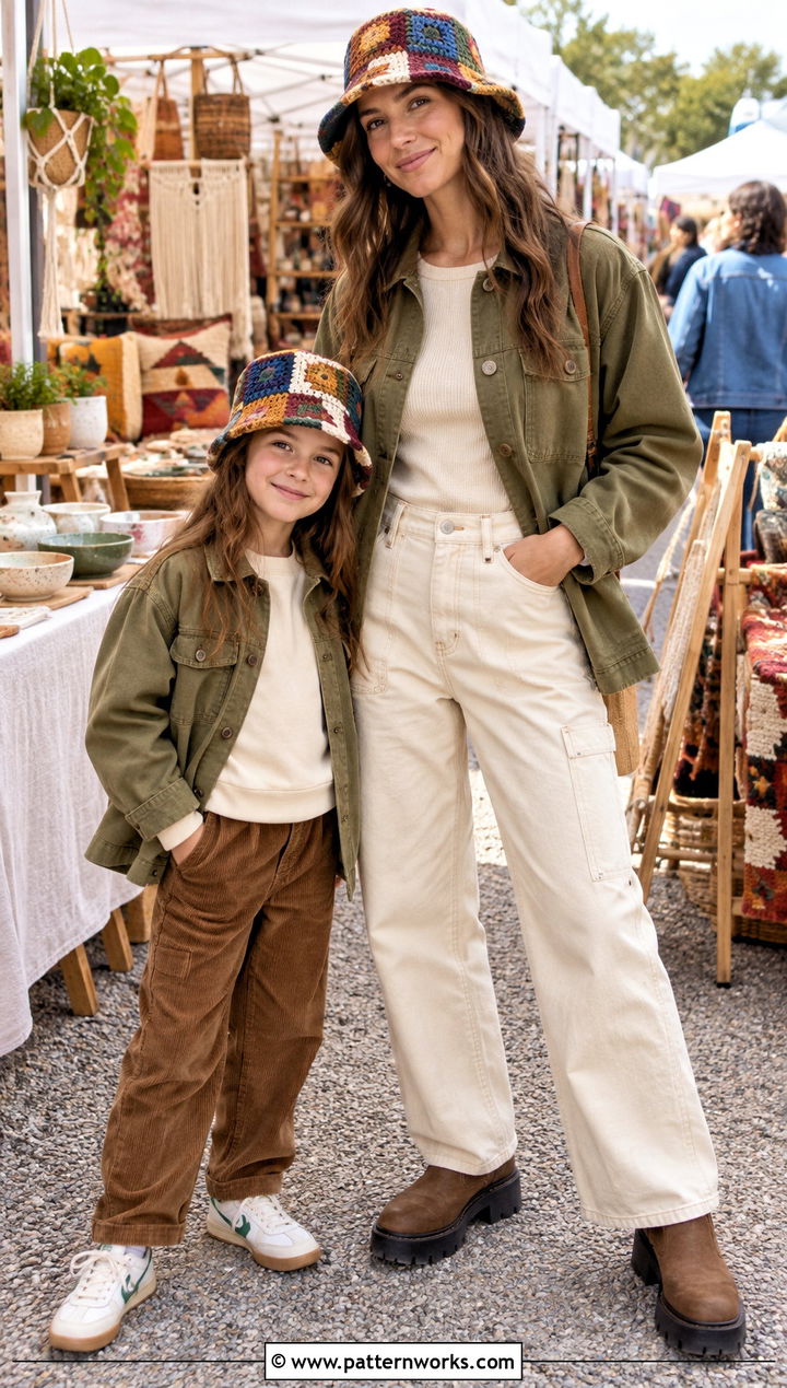 Patchwork Crochet Hats With Utility Outfits - 18 Mother Daughter Crochet Hats outfit ideas