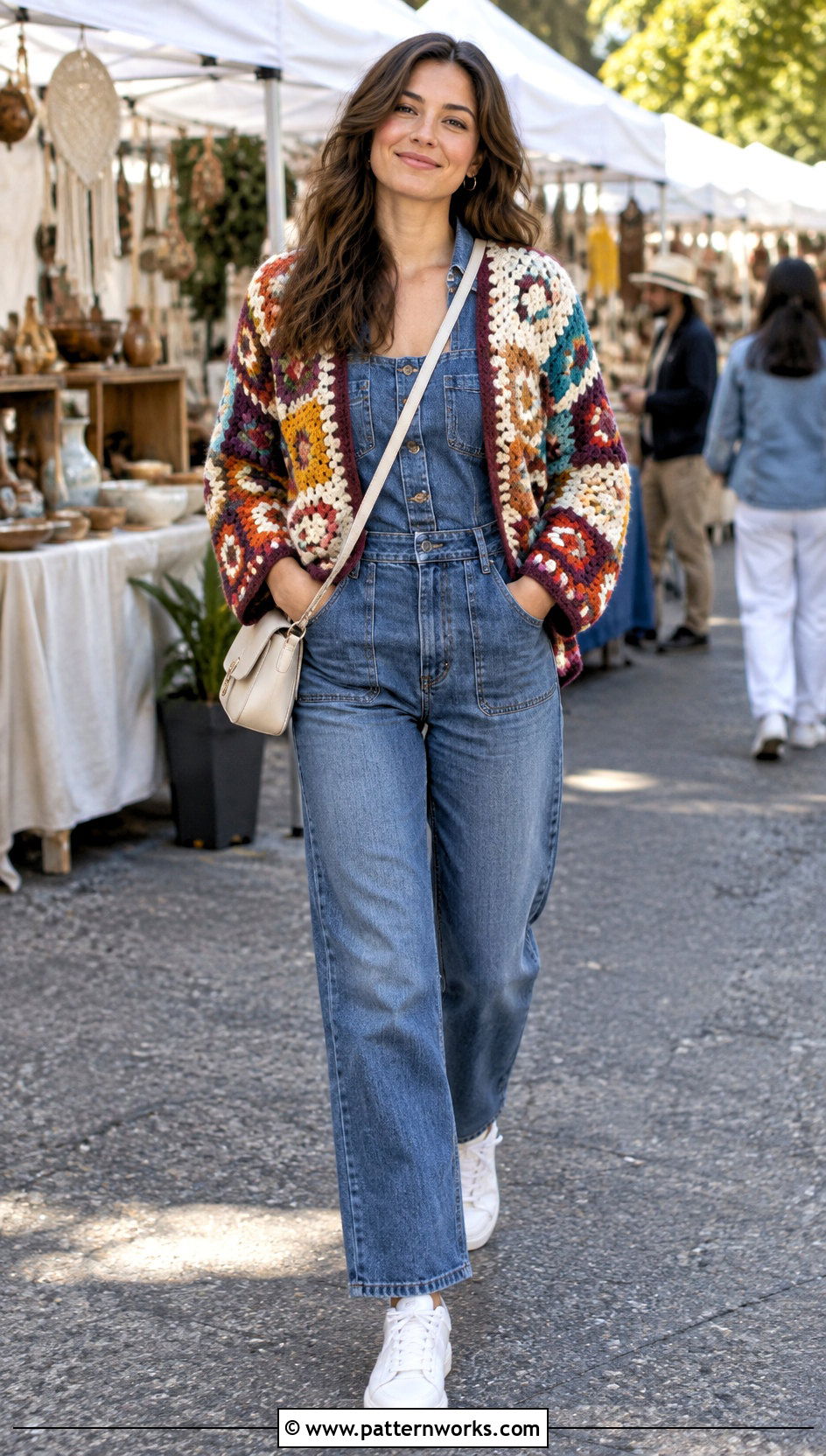 Patchwork Crochet Jacket With Denim Jumpsuit - 30 easy crochet jacket outfit ideas
