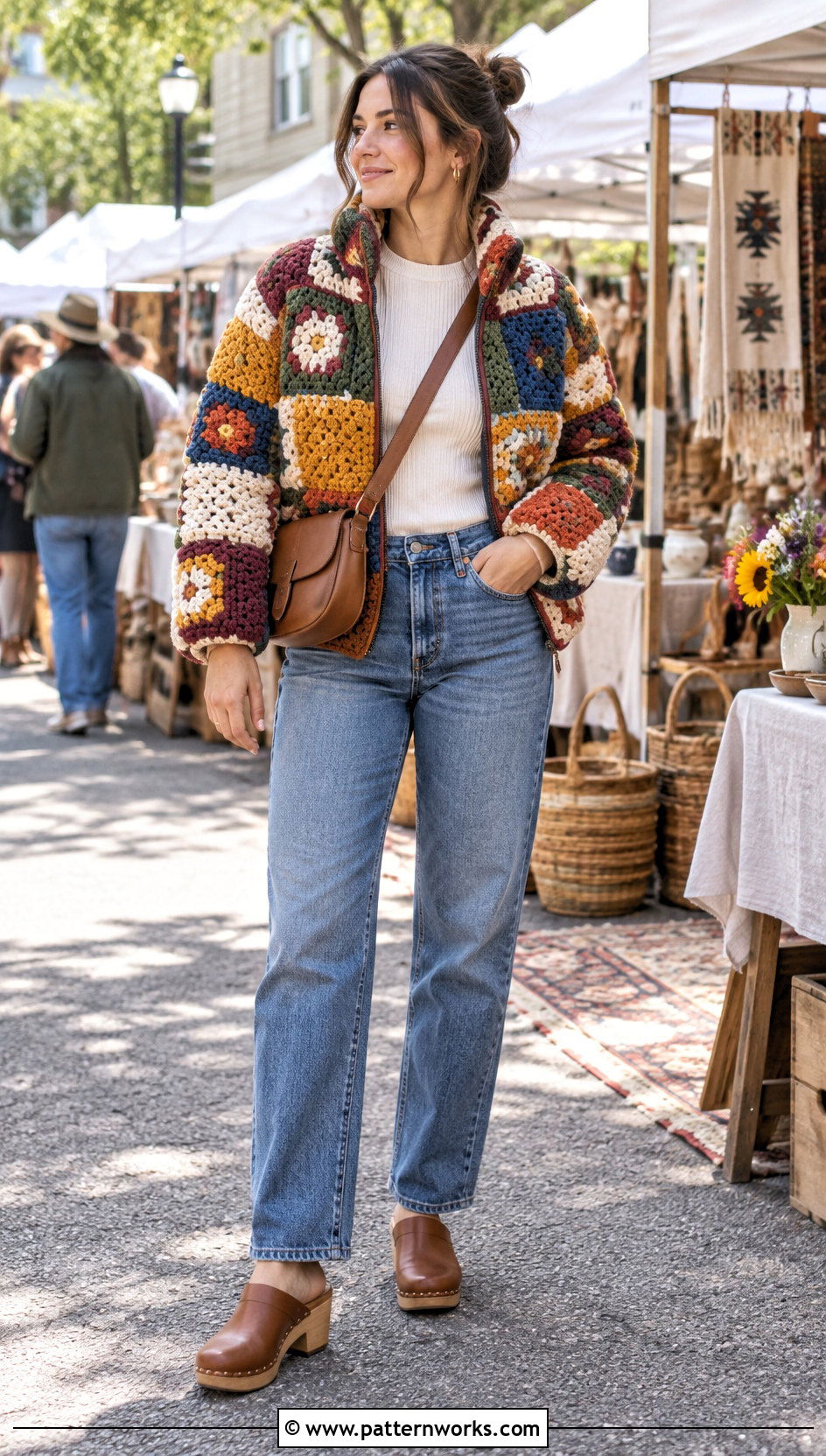 Patchwork Crochet Puffer Jacket With Blue Jeans - 30 crochet puffer jacket outfit ideas