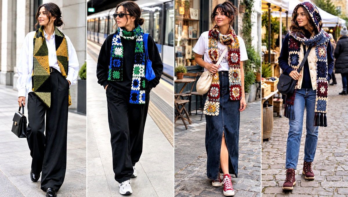 18 Patchwork Crochet Scarf Outfit Ideas for Colorful Layers