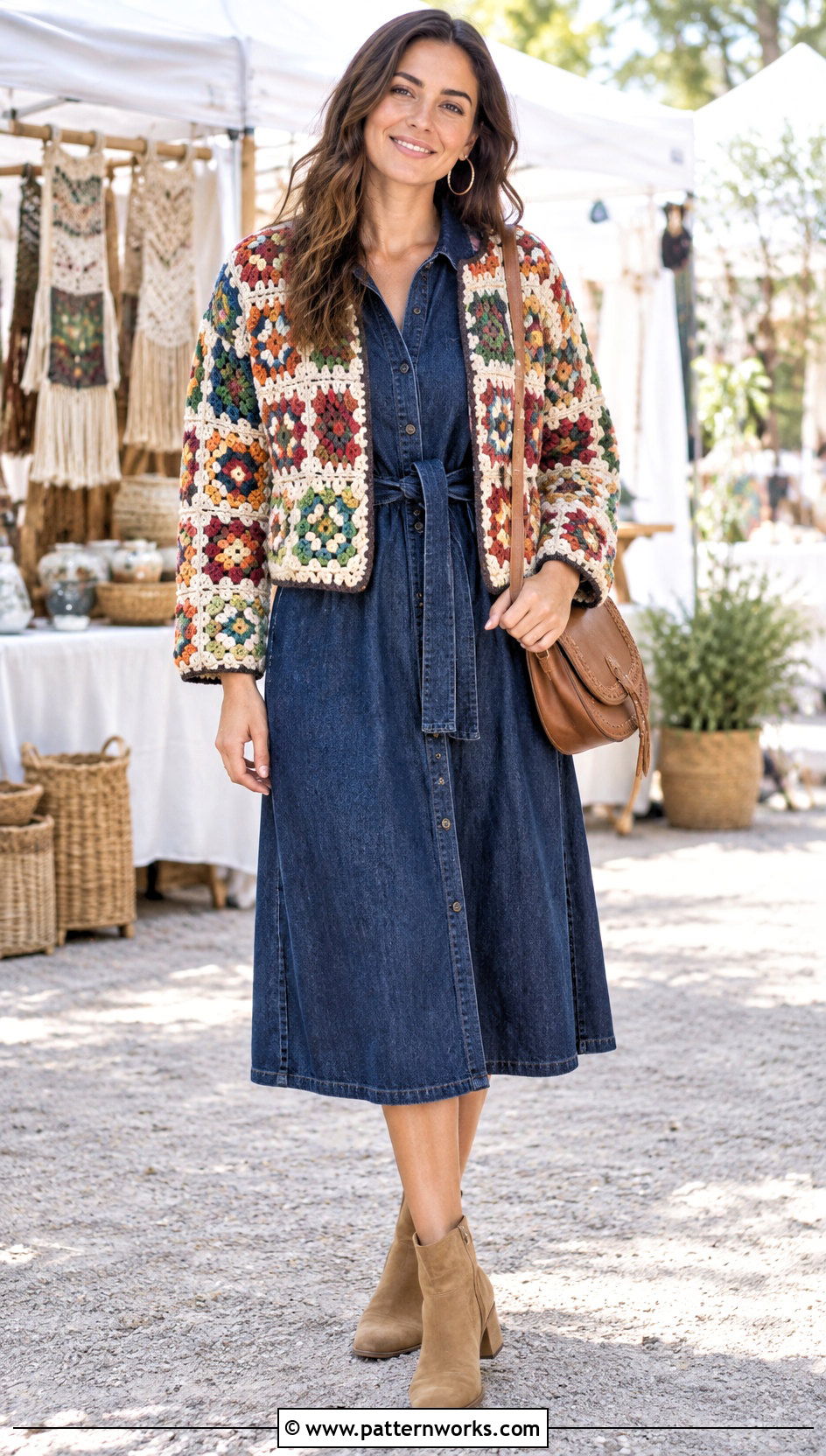 Patchwork Crochet Square Jacket With Denim Dress - 30 crochet square jacket outfit ideas