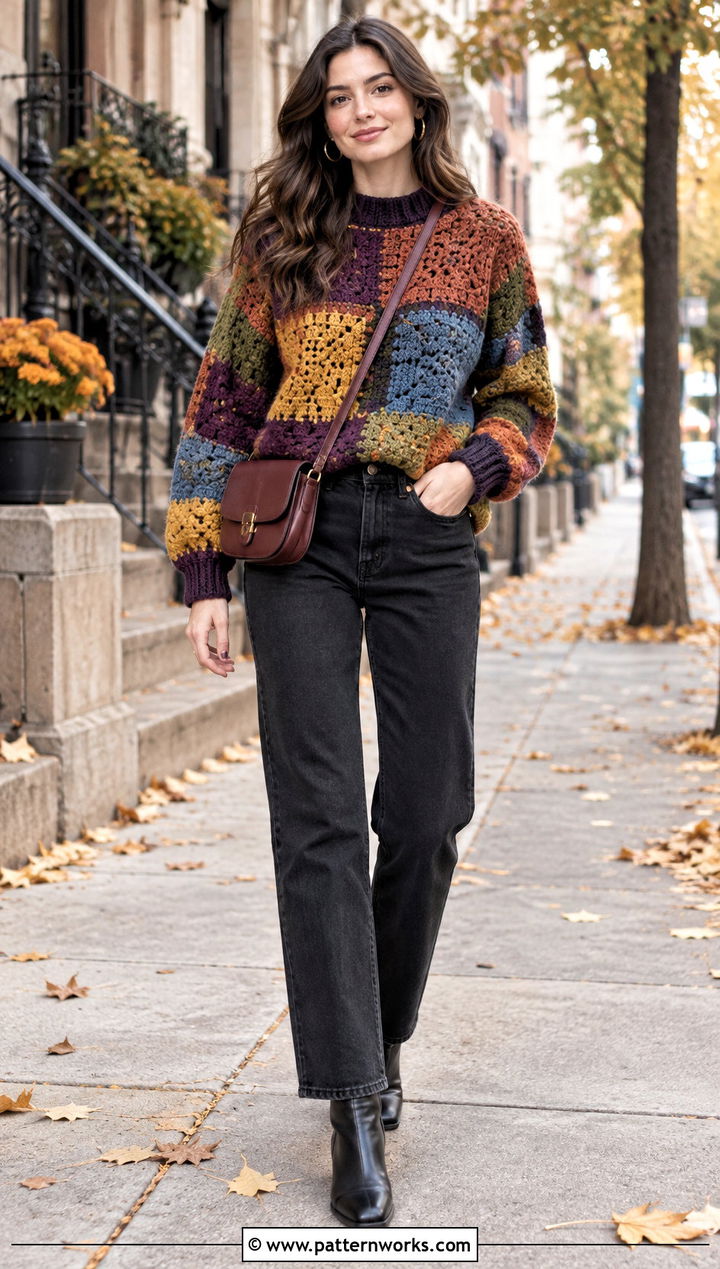 Patchwork Crochet Sweater With Black Jeans - 30 crochet sweater design outfit ideas