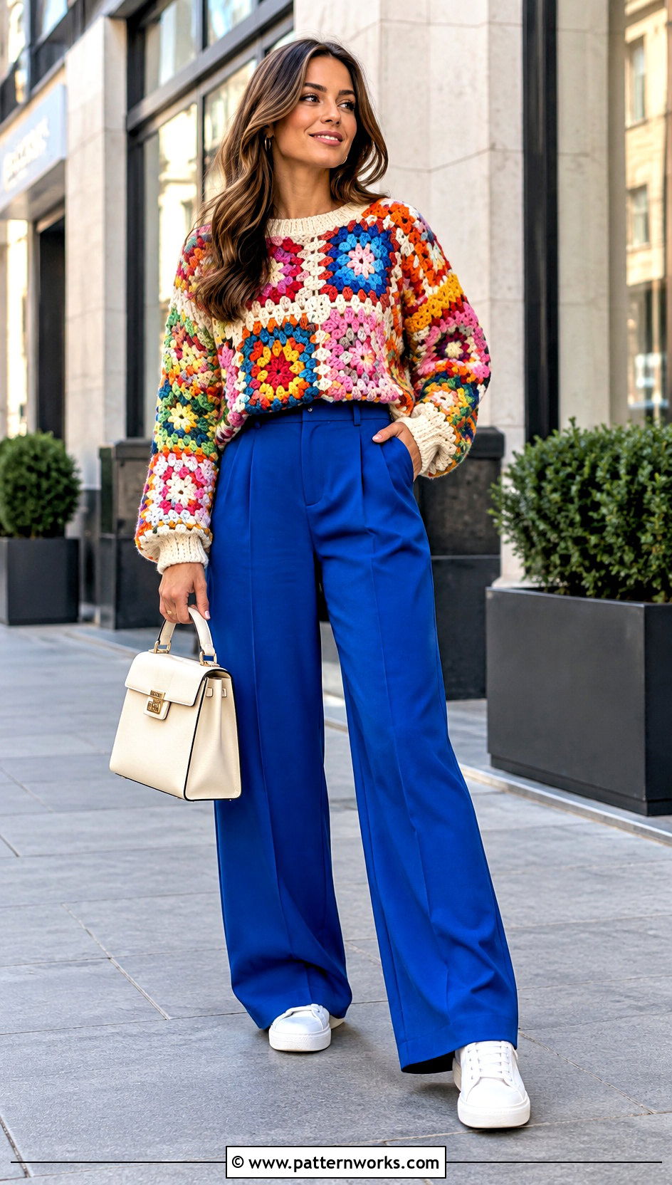Patchwork Crochet Sweater With Colorful Pants - 30 patchwork crochet sweater outfit ideas