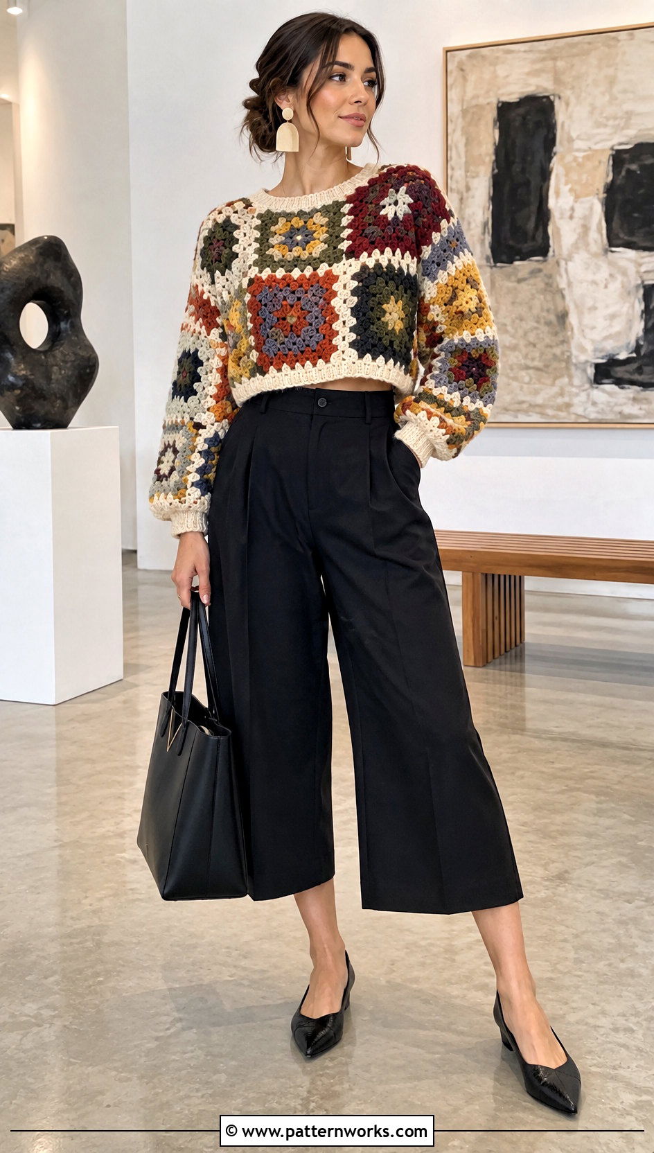 Patchwork Crochet Sweater With Culottes - 30 patchwork crochet sweater outfit ideas
