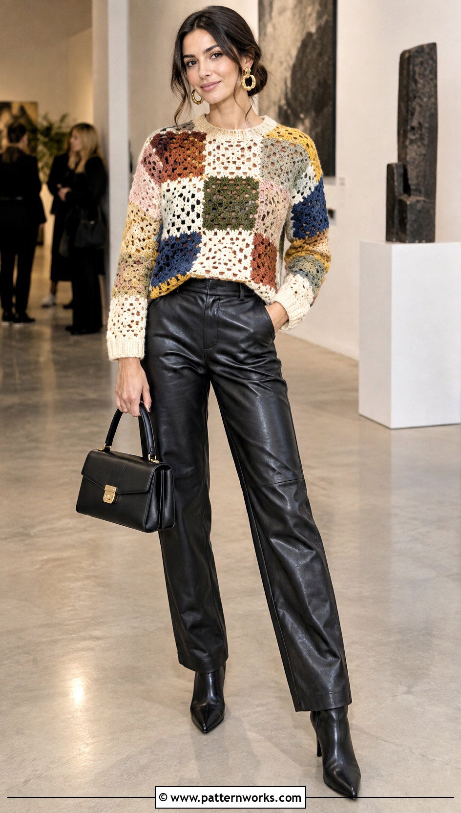 Patchwork Crochet Sweater With Faux Leather Pants - 30 patchwork crochet sweater outfit ideas
