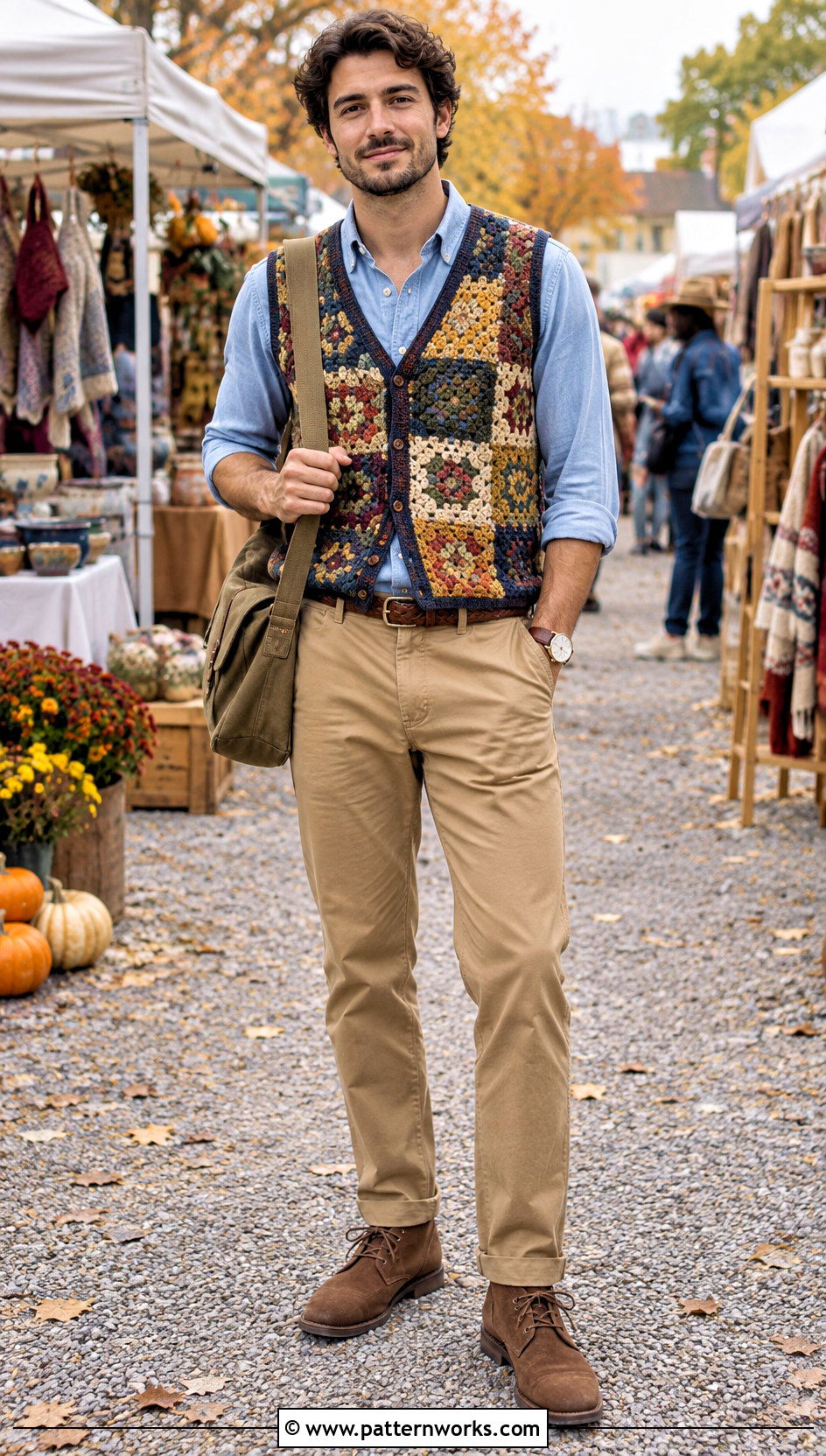 Patchwork Crochet Vest With Chambray Shirt And Khakis - 30 crochet vest for men outfit ideas