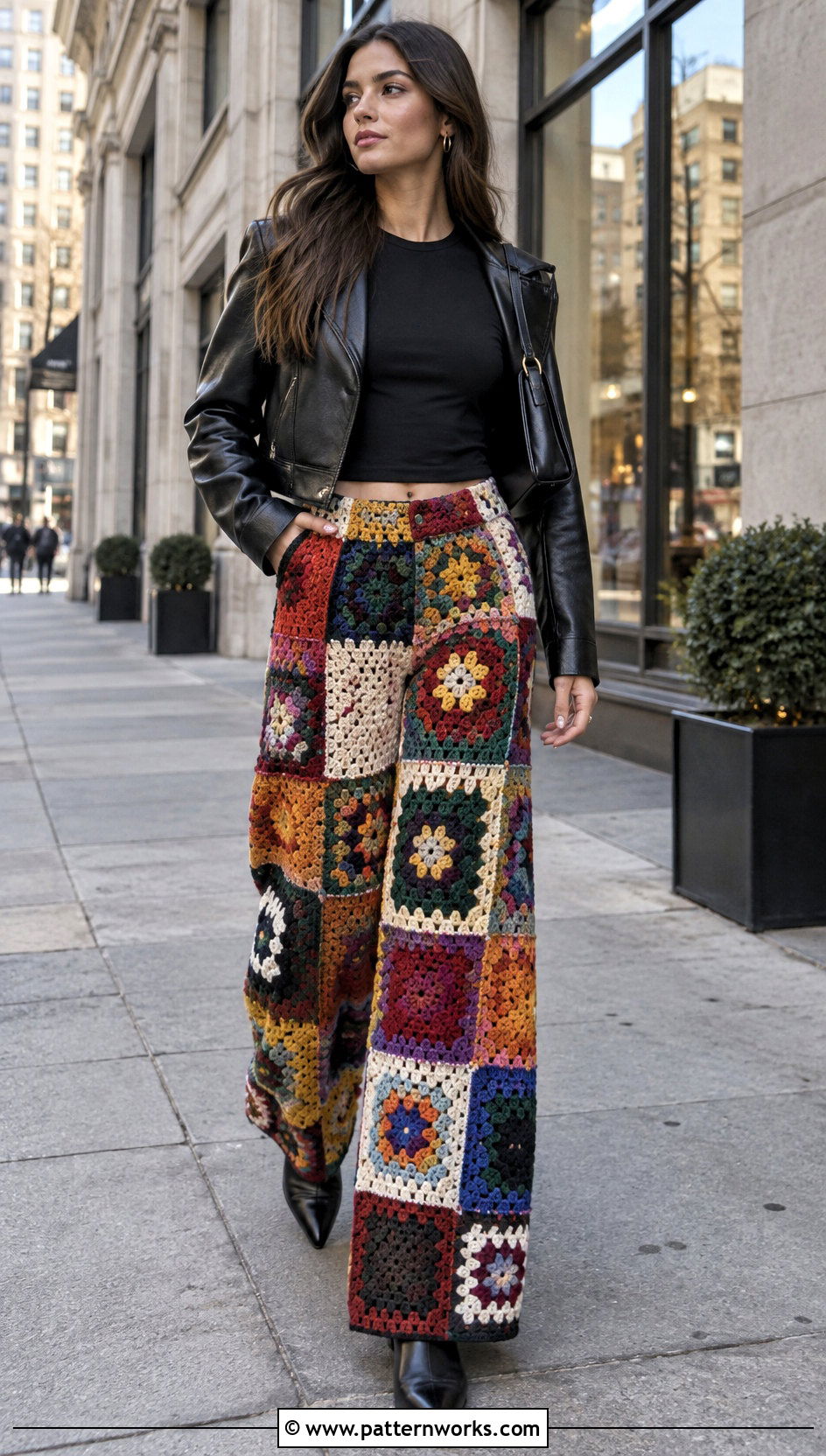 Patchwork Crochet Yoga Pants With Leather Jacket And Boots - 18 Crochet Yoga Pants outfit ideas