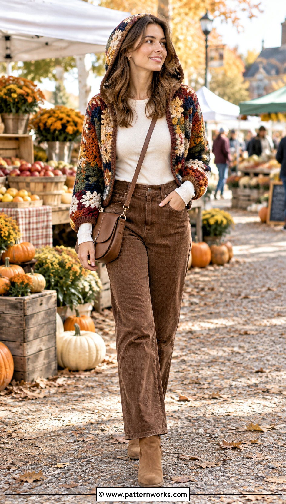 Patchwork Hooded Crochet Bolero With Corduroy Pants - 24 hooded crochet bolero outfit ideas