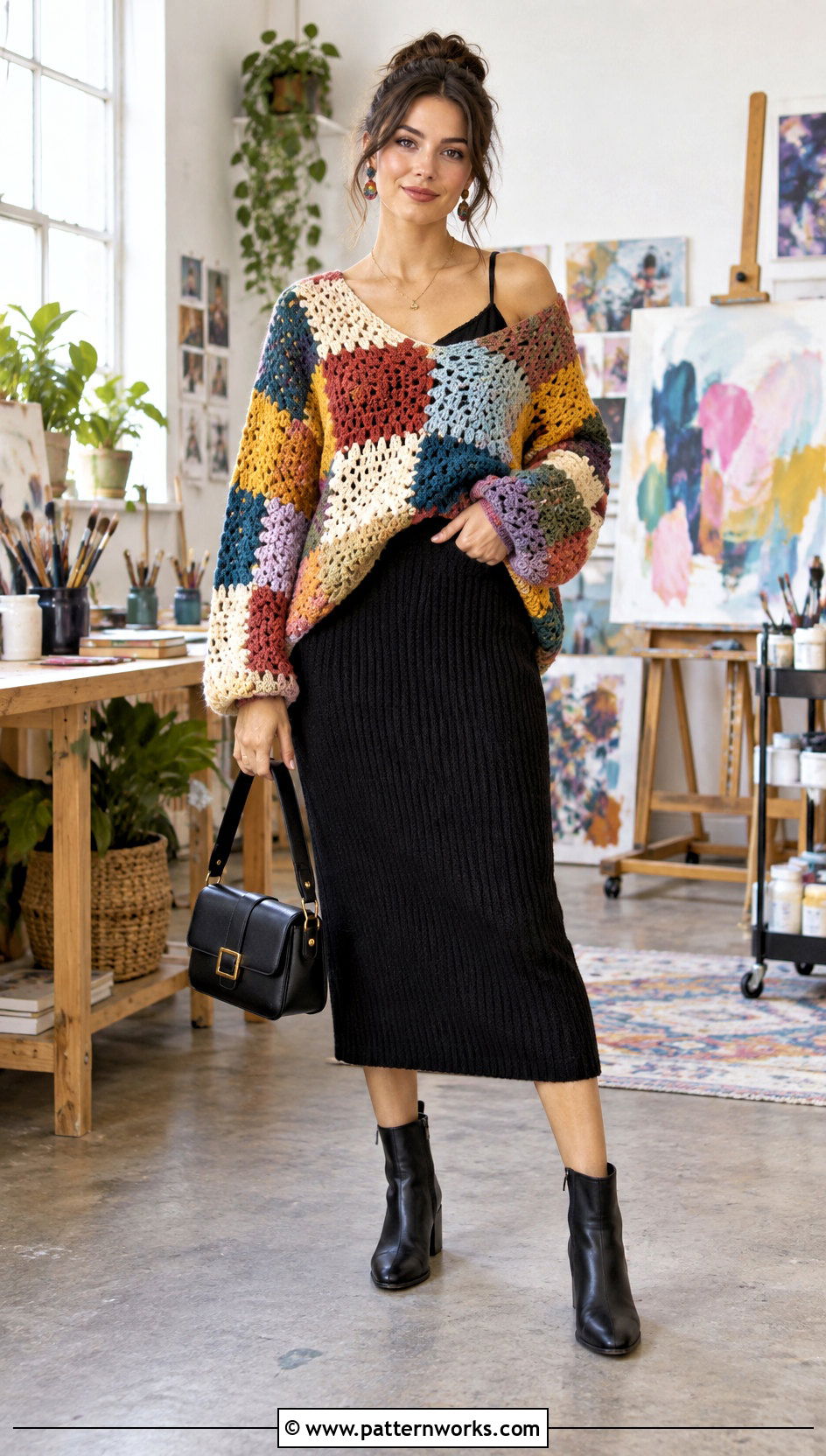 Patchwork Oversized Crochet Sweater With Black Midi Skirt - 30 oversized crochet sweater outfit ideas