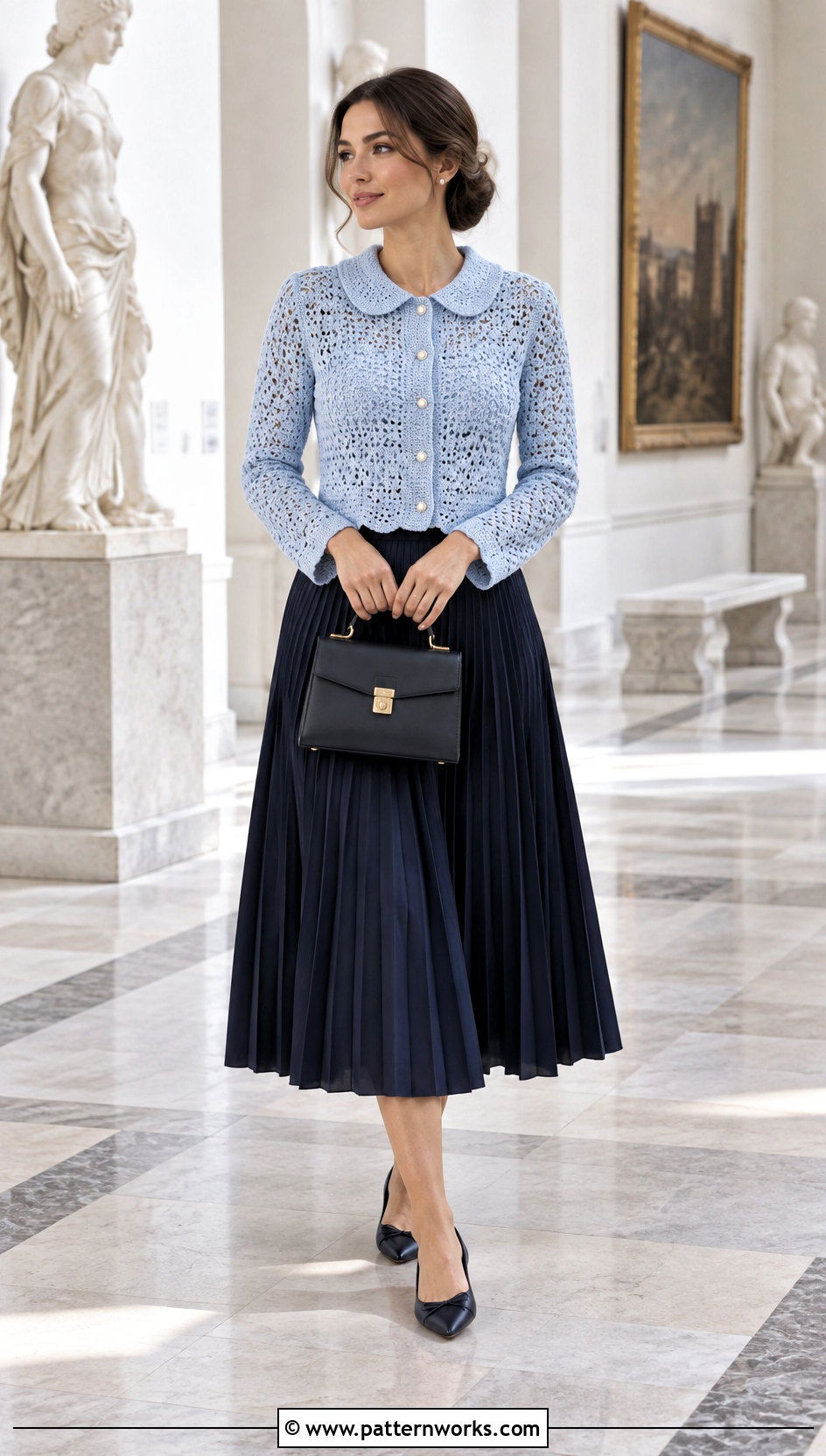 Peter Pan Collar Crochet Jacket With Pleated Midi Skirt - 24 Crochet Jacket With Collar outfit ideas