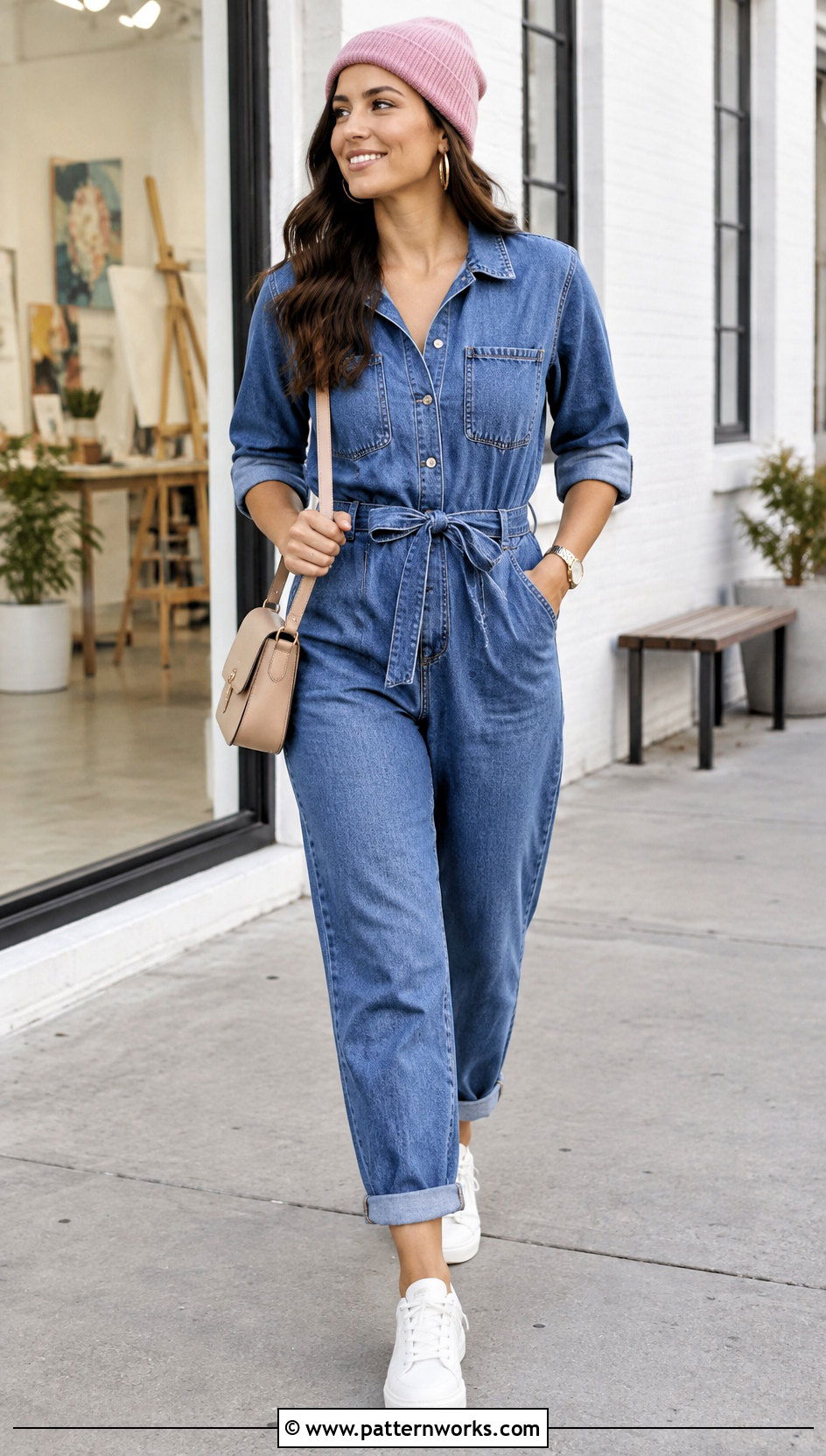 Pink Crochet Beanie With Denim Jumpsuit And Sneakers - 30 pink crochet hat outfit ideas