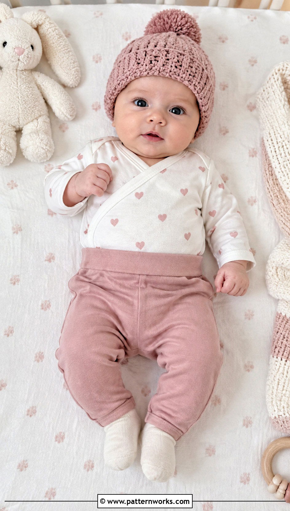 Pink Crochet Beanie With Heart Print Bodysuit - 24 premie crochet beanie outfit ideas
