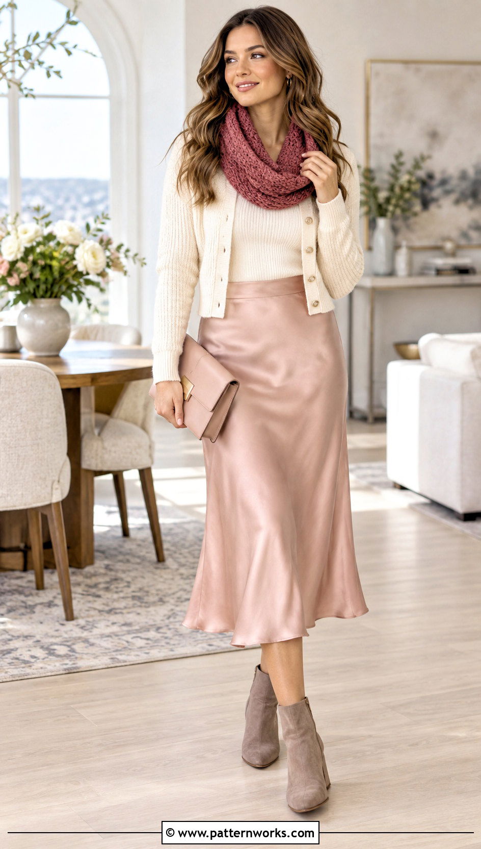 Pink Crochet Cowl Outfit With Satin Midi Skirt - 18 pink crochet cowl outfit ideas