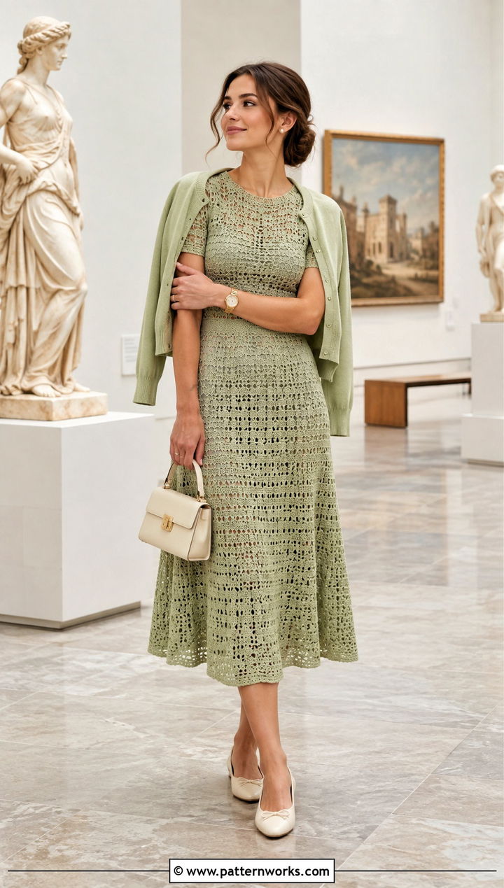 Pistachio Pastel Crochet Dress With Ballet Flats - 18 pastel crochet dress outfit ideas