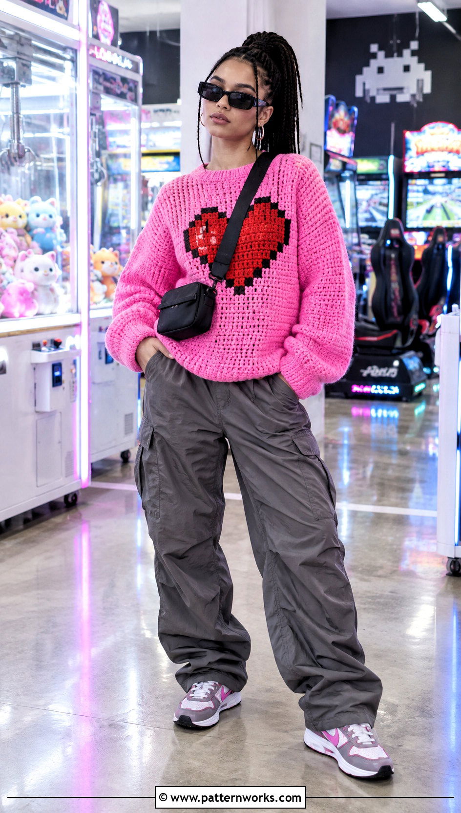 Pixel Heart Crochet Mabel Pines Sweater With Parachute Pants - 30 crochet mabel pines sweater outfit ideas
