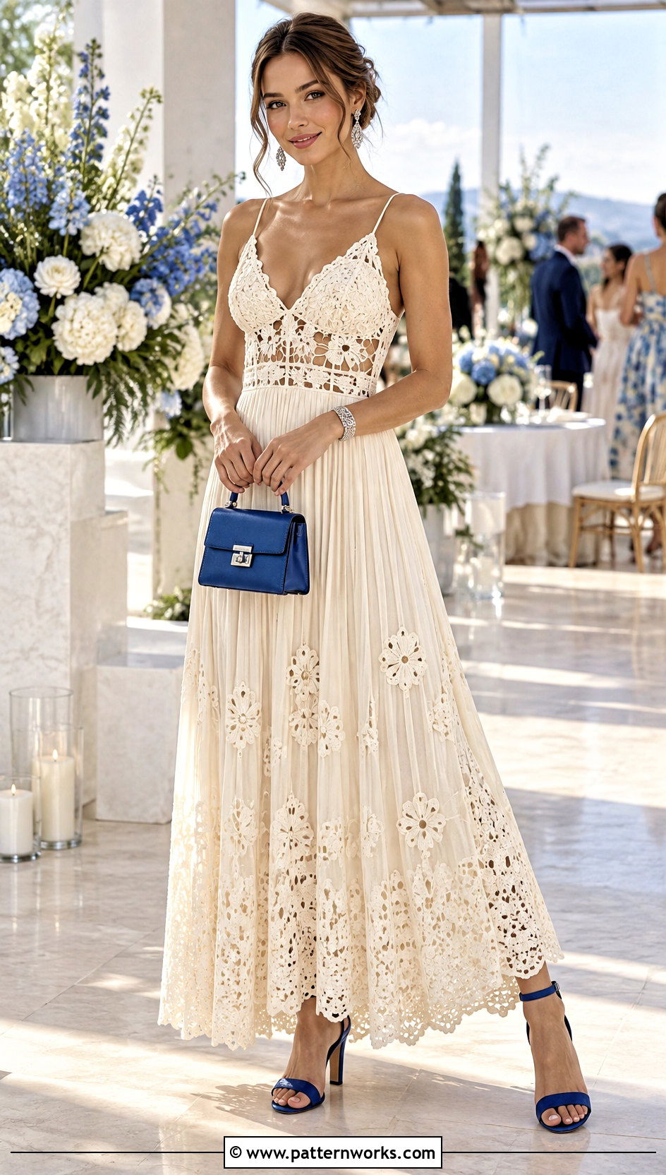 Pleated Crochet Floral Maxi Dress With Cobalt Heels - 18 Self Portrait Pleated Crochet Floral Maxi Dress outfit ideas