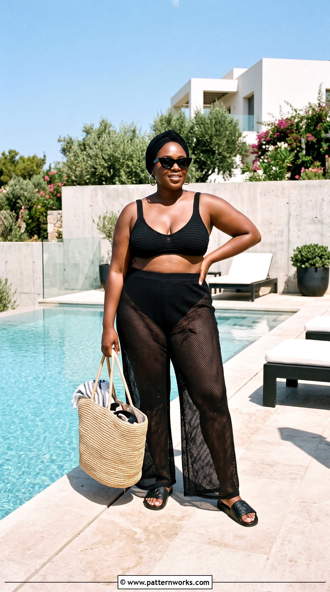 Plus Size Black Crochet Bikini With Mesh Pants - 24 plus size crochet swimwear outfit ideas