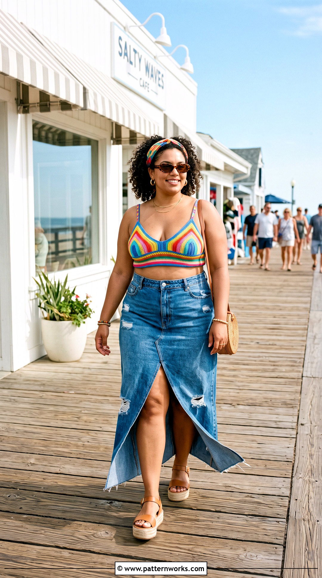 Plus Size Striped Crochet Bikini With Denim Maxi Skirt - 24 plus size crochet swimwear outfit ideas