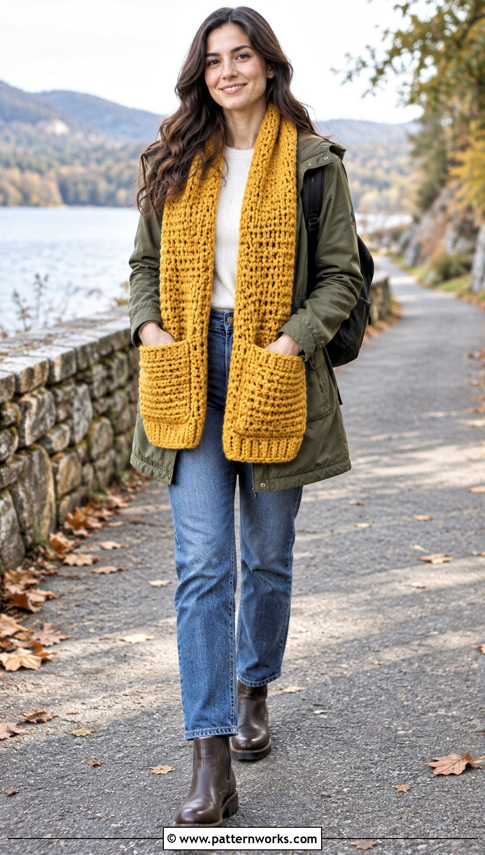 Pocket Crochet Scarf With Parka And Straight Leg Jeans - 24 super crochet scarf outfit ideas