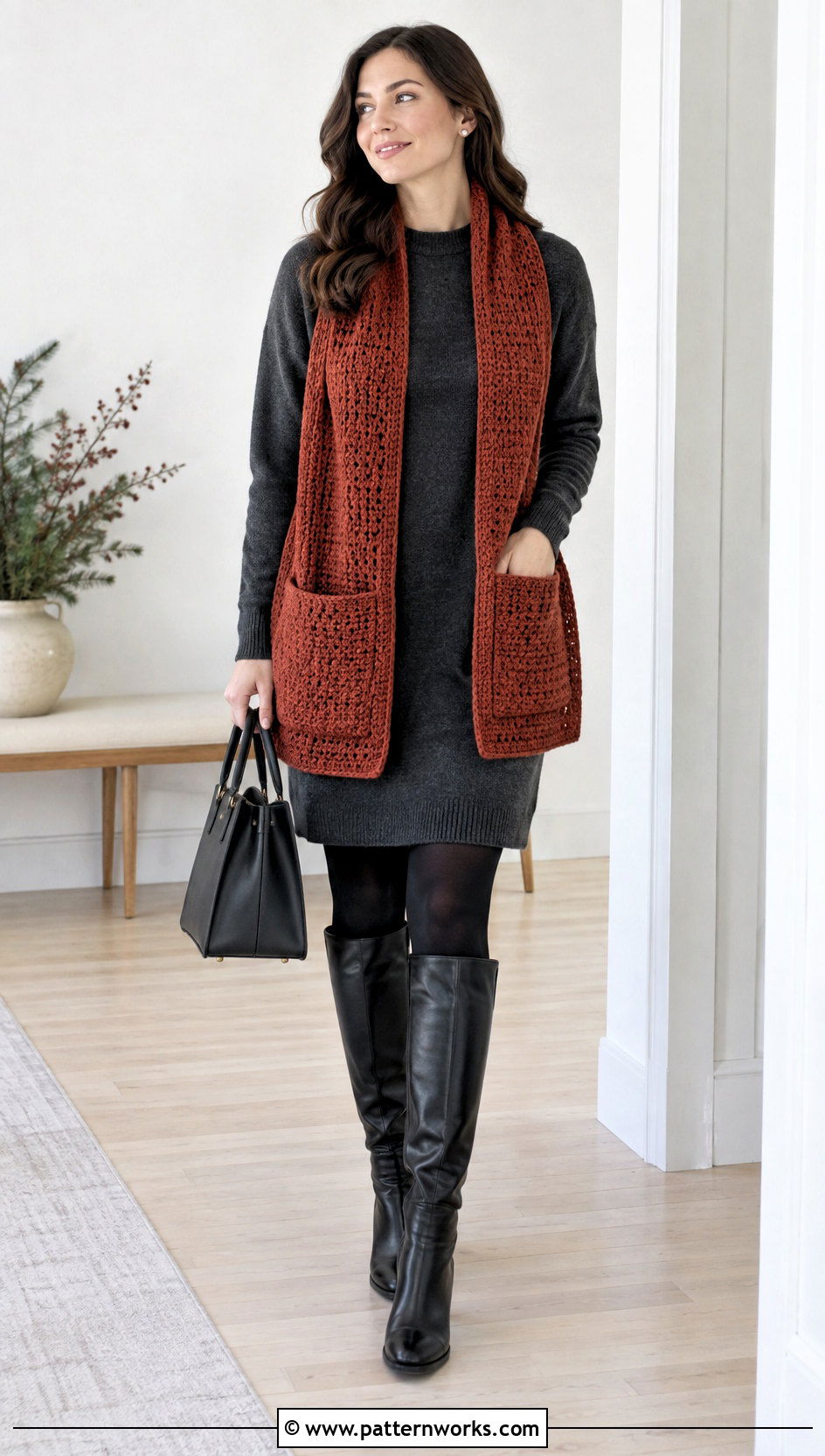 Pocket Crochet Scarf With Sweater Dress - 30 easy crochet scarves outfit ideas