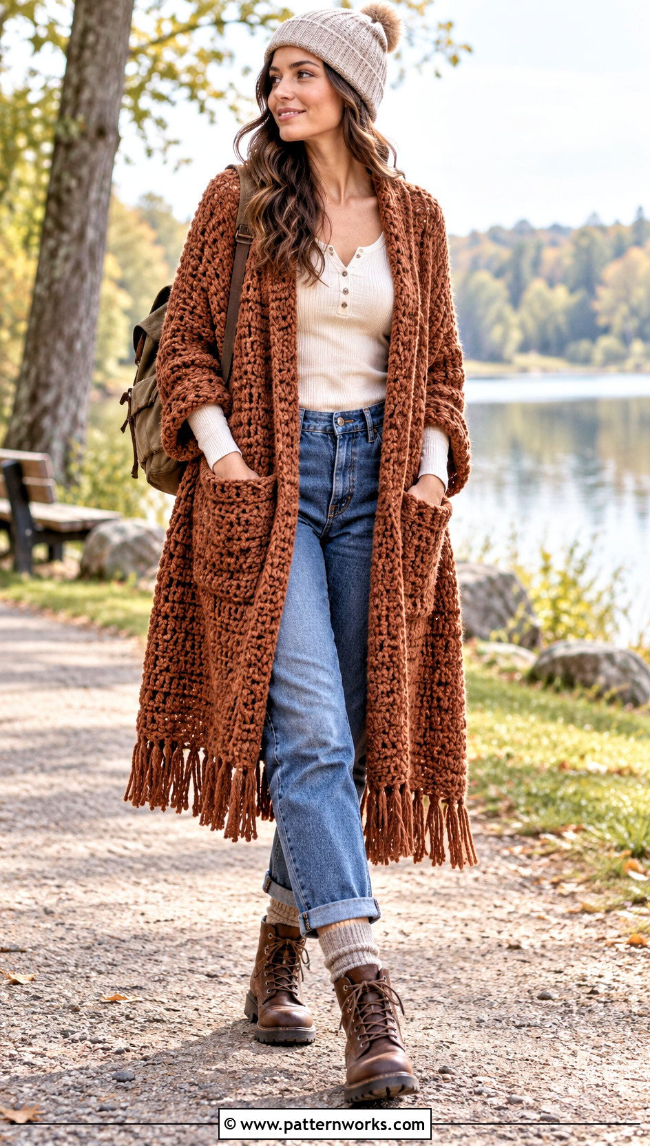 Pocket Crochet Shawl With Jeans And Boots - 18 Crochet Shawl Worsted Weight Yarn outfit ideas