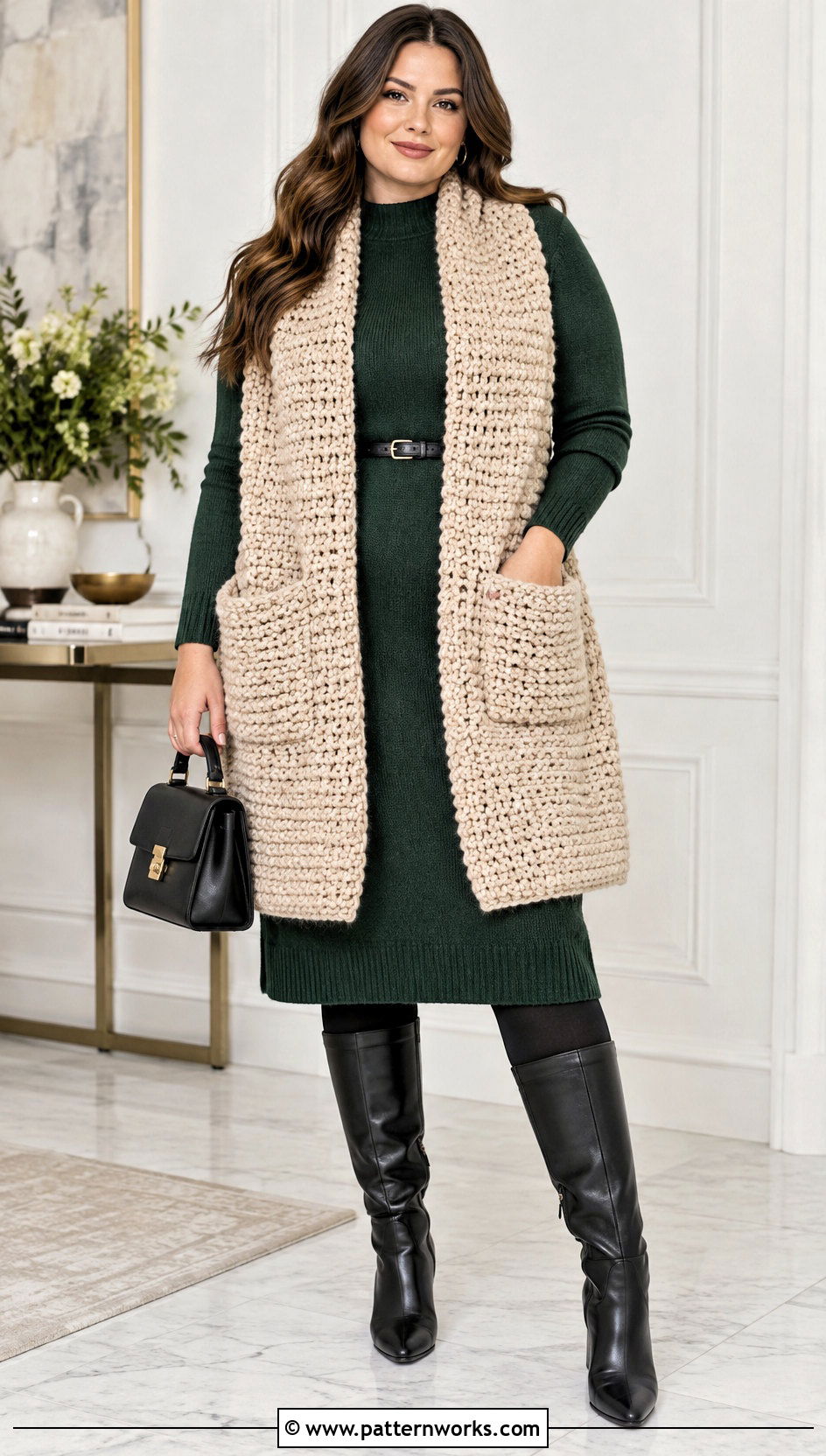 Pocket Super Bulky Crochet Scarf With Sweater Dress - 18 Super Bulky Crochet Scarf outfit ideas