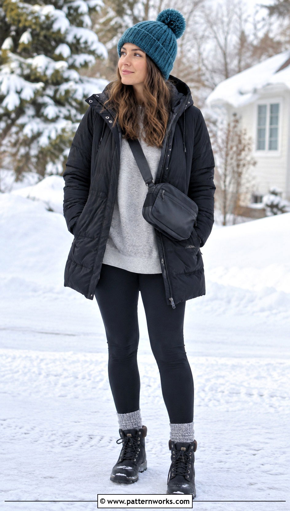Pom Pom Crochet Hat With Puffer Coat And Leggings - 24 winter crochet hat for women outfit ideas