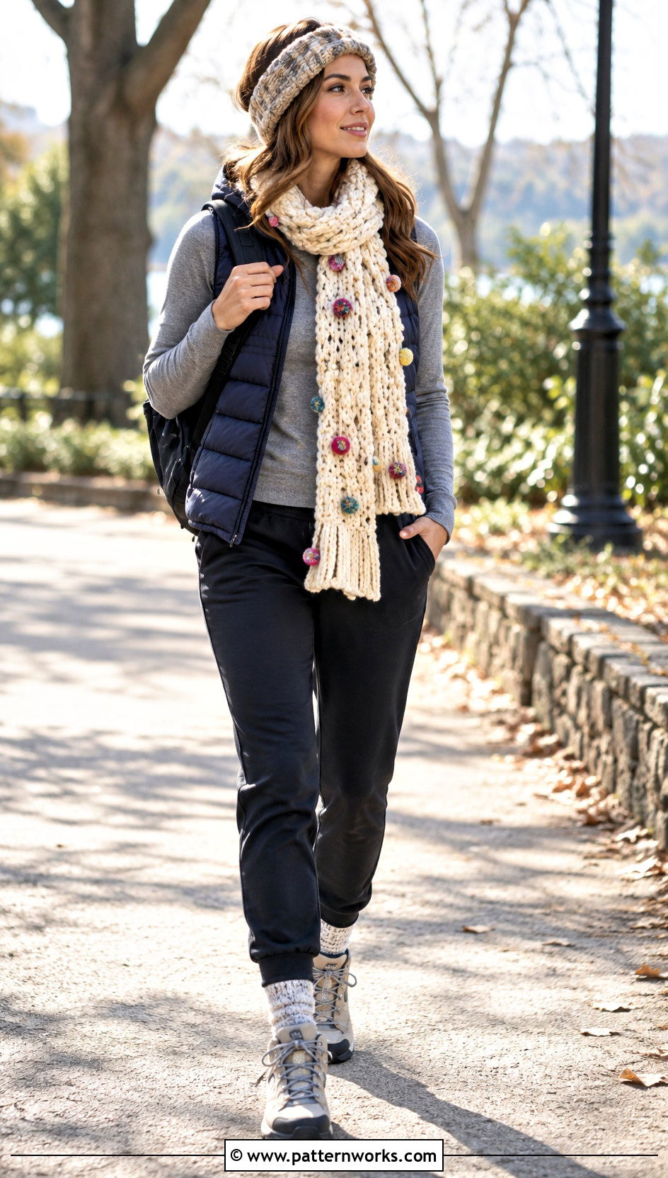 Pom Pom Crochet Scarf With Puffer Vest And Joggers - 24 Quick And Easy Crochet Scarf outfit ideas