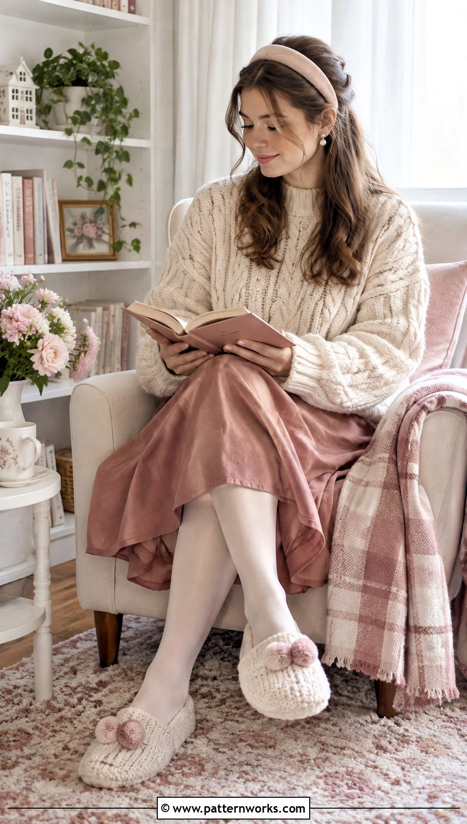 Pom Pom Crochet Slippers With Cable Knit Sweater And Skirt - 24 Cute Crochet Slippers outfit ideas