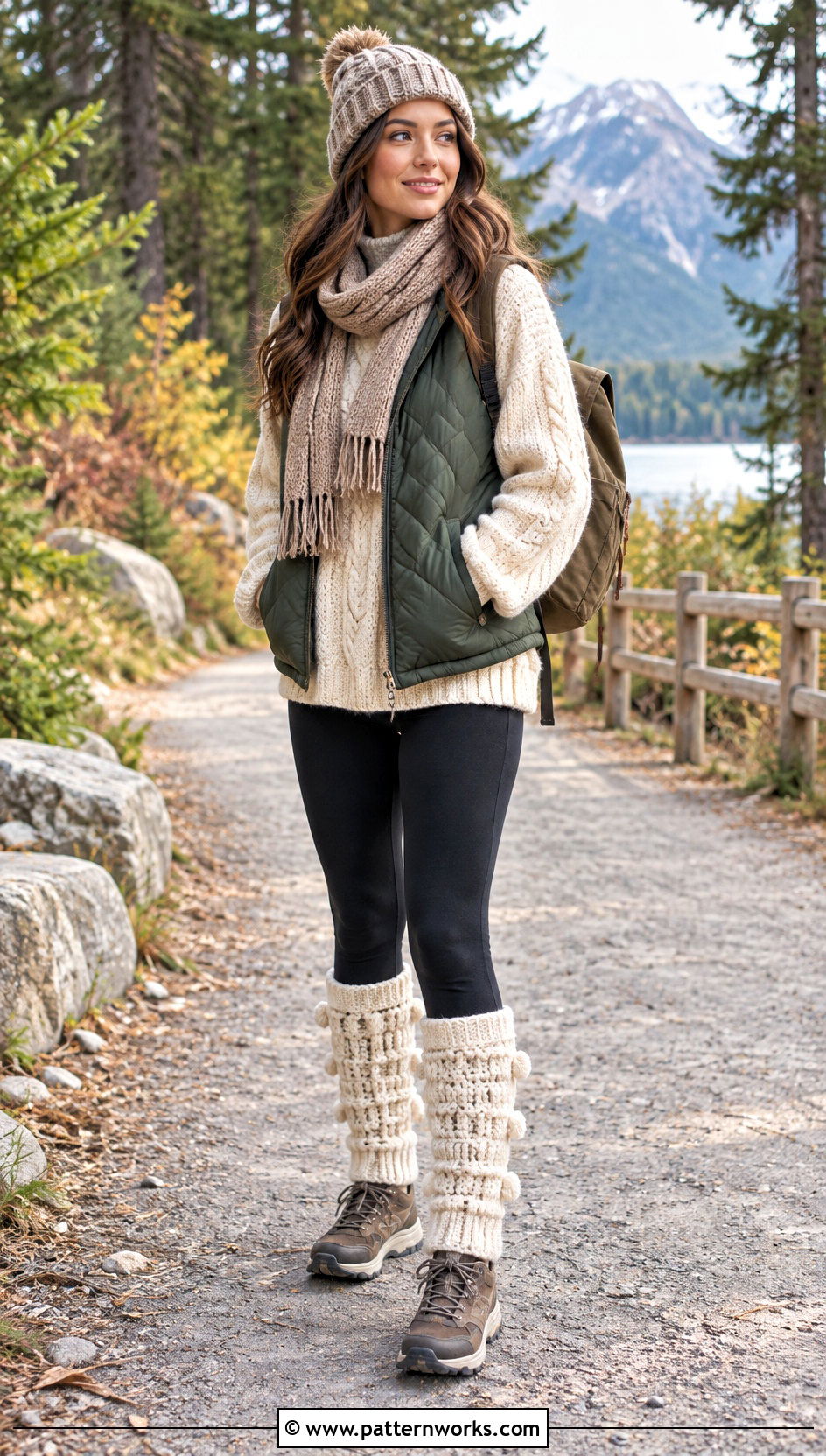 Pom Pom Crocheted Leg Warmers With A Quilted Vest - 30 Crocheted Leg Warmers outfit ideas