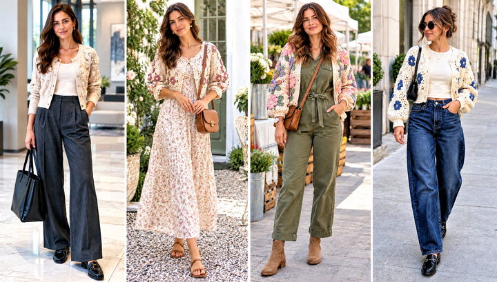 24 Puff Flower Crochet Cardigan Outfit Ideas for Spring