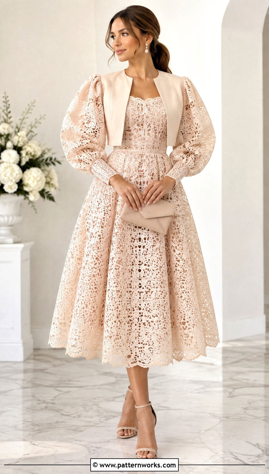 Puff Sleeve Crochet Princess Dress With Heeled Sandals - 30 crochet princess dress outfit ideas