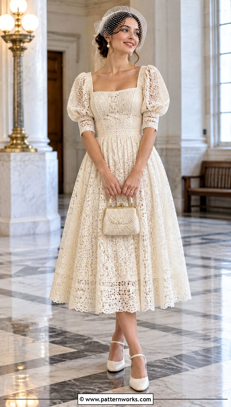 Puff Sleeve Crochet Wedding Dress With Mary Jane Shoes - 24 Handmade Crochet Wedding Dress outfit ideas