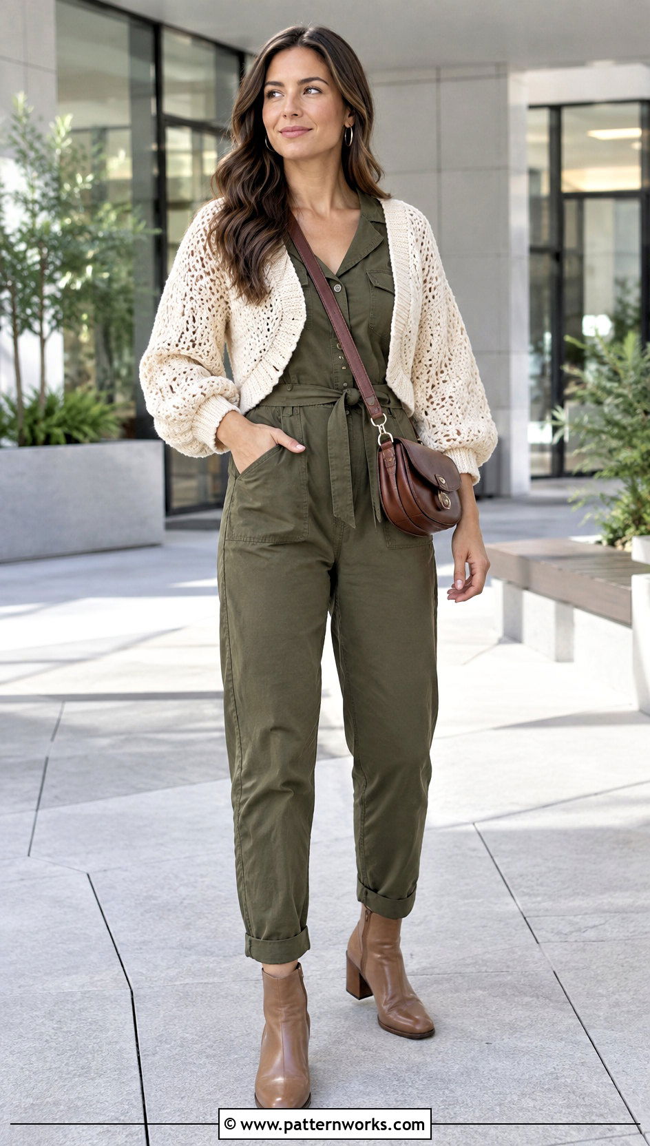 Puff Sleeve Crochet Wrap Around Shrug With Utility Jumpsuit - 24 crochet wrap around shrug with sleeves outfit ideas