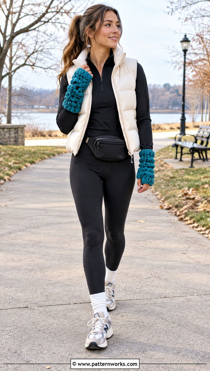 Puff Stitch Crochet Wrist Warmers With Puffer Vest - 30 crochet wrist warmers outfit ideas