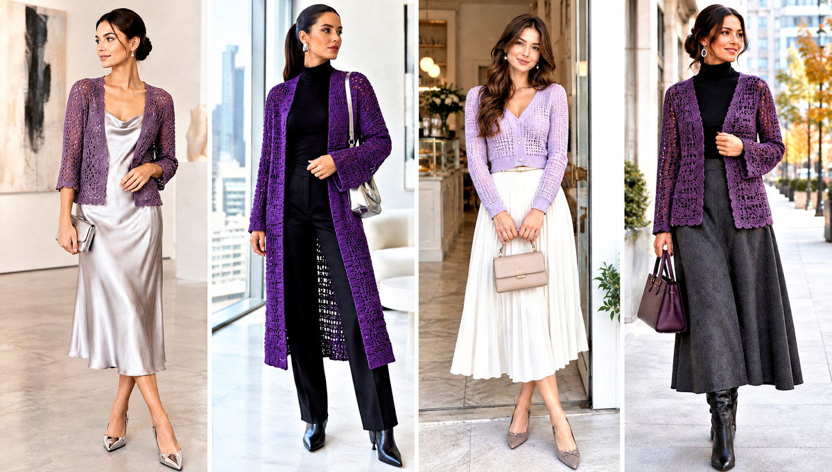 18 Purple Crochet Cardigan on Hanger Outfit Ideas for Work