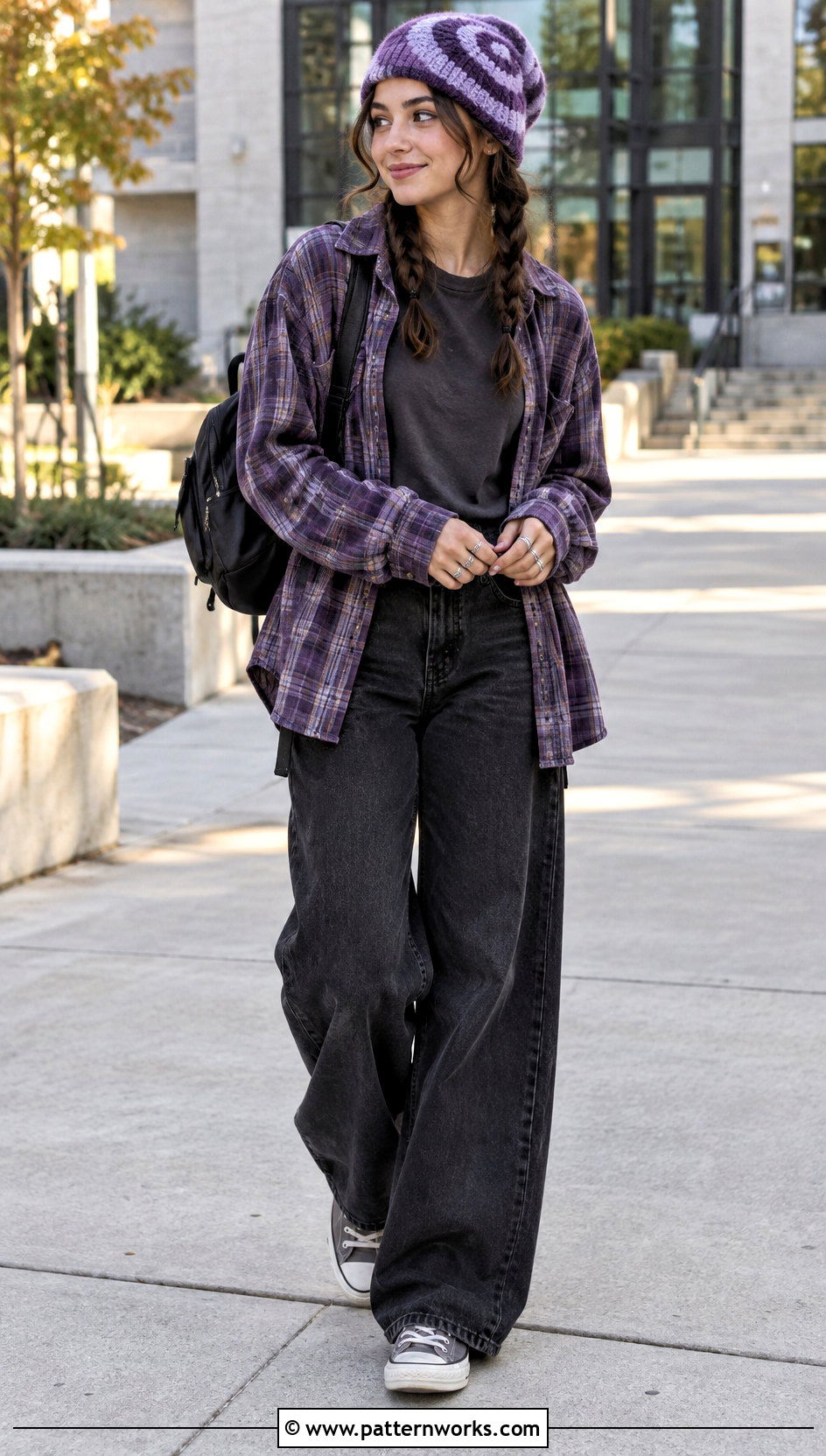 Purple Crochet Swirl Beanie With Plaid Overshirt - 18 crochet swirl beanie outfit ideas