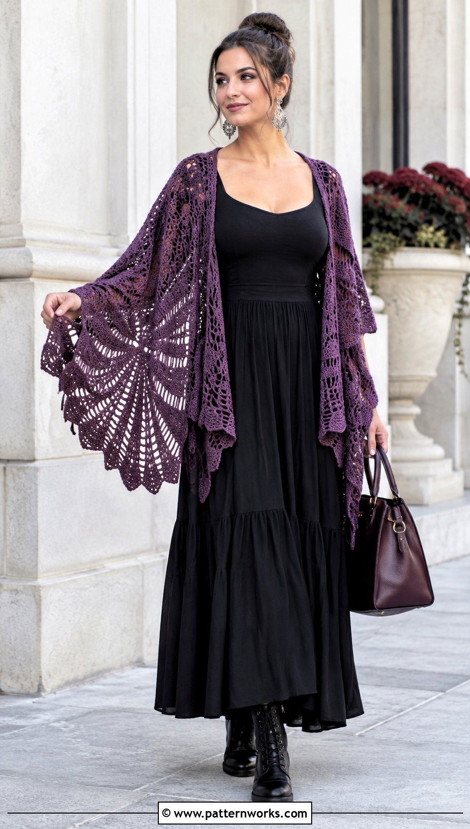 Purple Crochet Wing Shawl With Black Maxi Skirt - 24 Crochet Wing Shawl outfit ideas