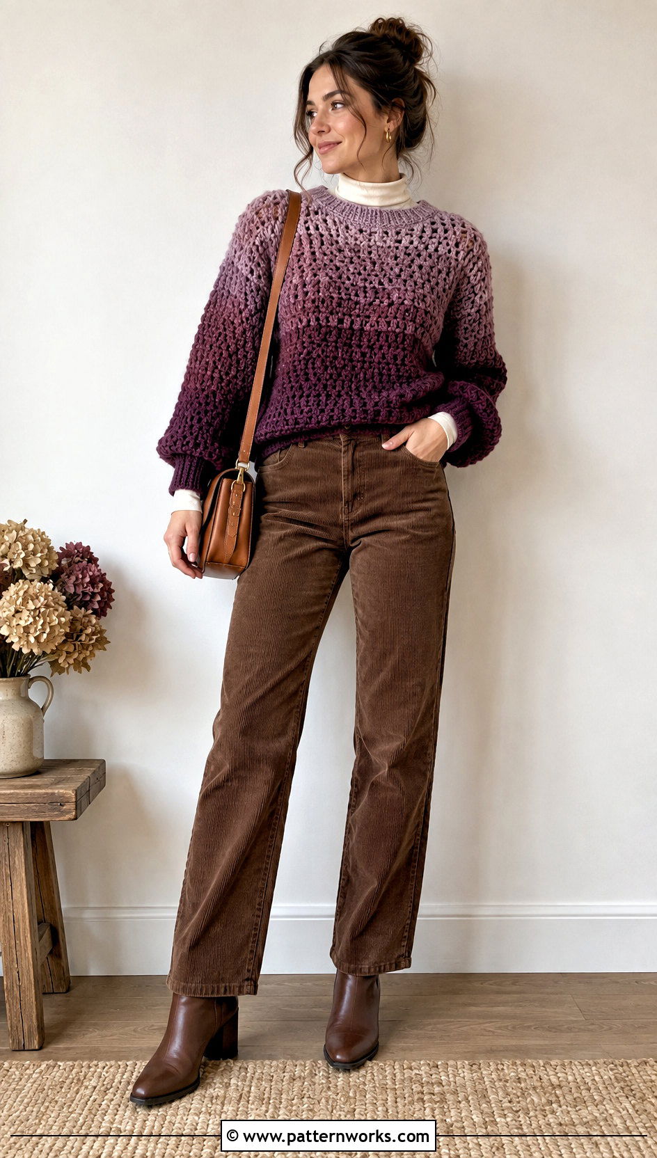 Purple Ombre Crochet Sweater With Corduroy Pants - 18 purple ombre crochet sweater outfit ideas