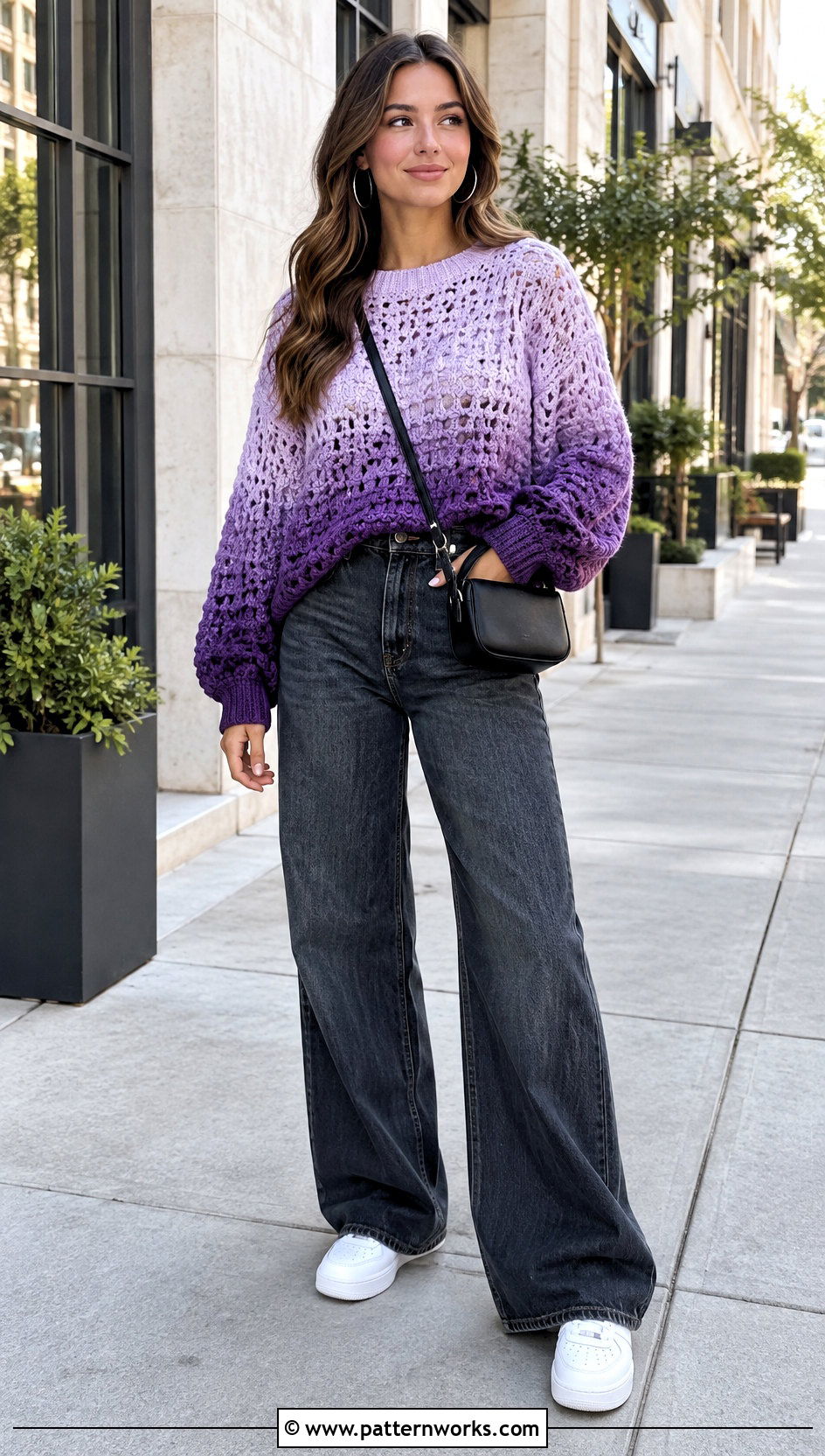 Purple Ombre Crochet Sweater With Wide Leg Jeans - 18 purple ombre crochet sweater outfit ideas