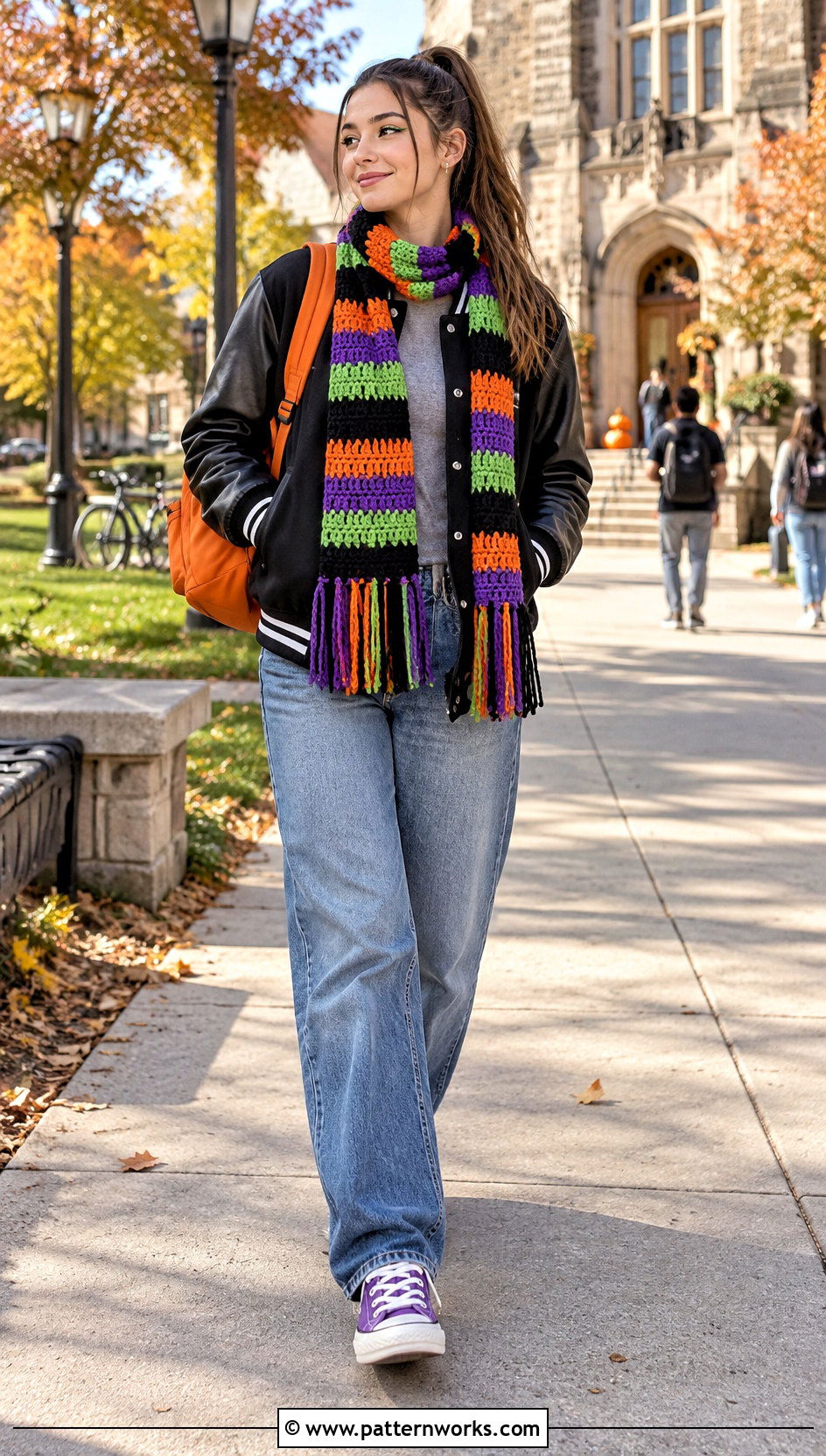 Purple Striped Crochet Halloween Scarf Outfit With Varsity Jacket - 18 crochet halloween scarf outfit ideas