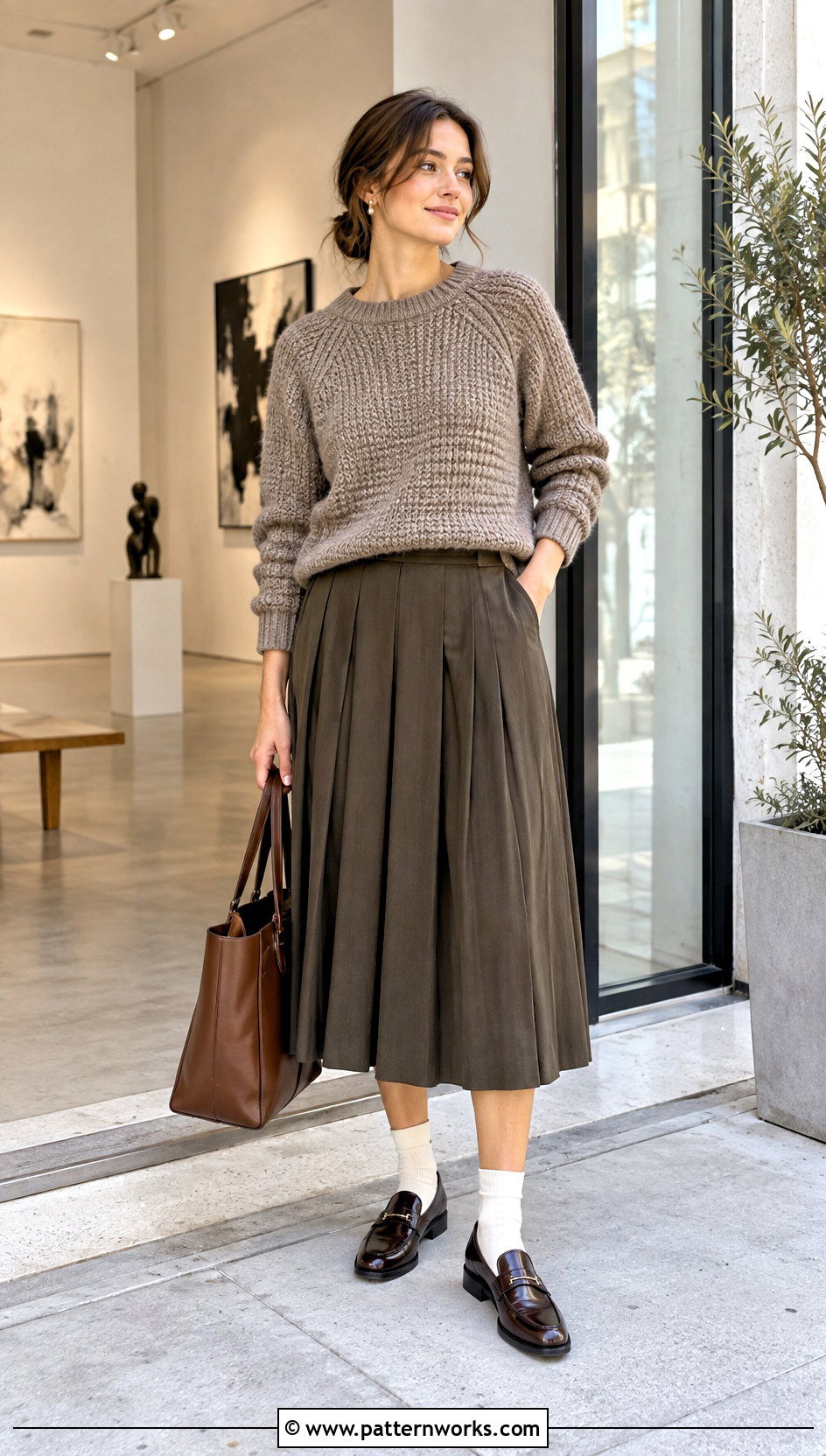 Raglan Tunisian Crochet Jumper With Pleated Midi Skirt - 24 tunisian crochet jumper outfit ideas